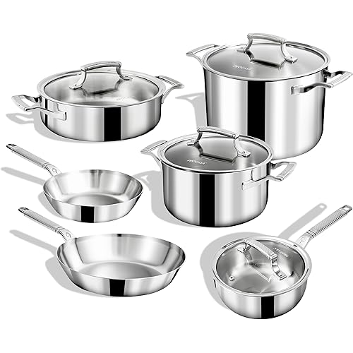 10-Piece Triply Stainless Steel Cookware Set - Fully Clad Pots and Pans Set with 8 Qt Pasta Pot, Saute, Saucepan, Frying Pan - Non Toxic Cookware - Induction, Dishwasher & Oven Safe