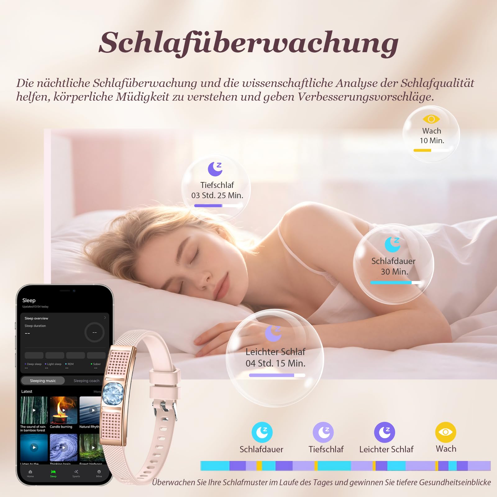 findtime Bracelet de fitness pour femme avec incrustation de cristal, bracelet intelligent, fin, fréquence cardiaque, sommeil, suivi du cycle de sommeil, podomètre, bracelet intelligent avec bracelet