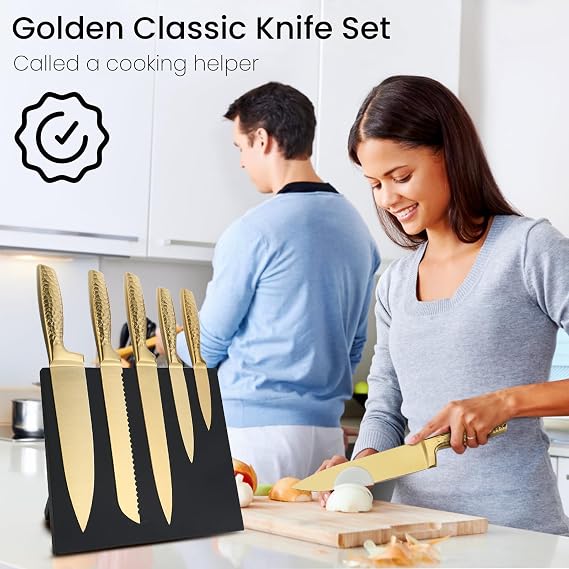 Kitchen Knife Set, 6 Piece Professional Knife Set with Magnetic Block Holder, High Carbon Stainless Steel Sharp Knives Set for Kitchen,Ergonomic Hammer Handle,Wooden Magnetic Knife Holder (Gold)