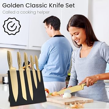 Kitchen Knife Set, 6 Piece Professional Knife Set with Magnetic Block Holder, High Carbon Stainless Steel Sharp Knives Set for Kitchen,Ergonomic Hammer Handle,Wooden Magnetic Knife Holder (Gold)