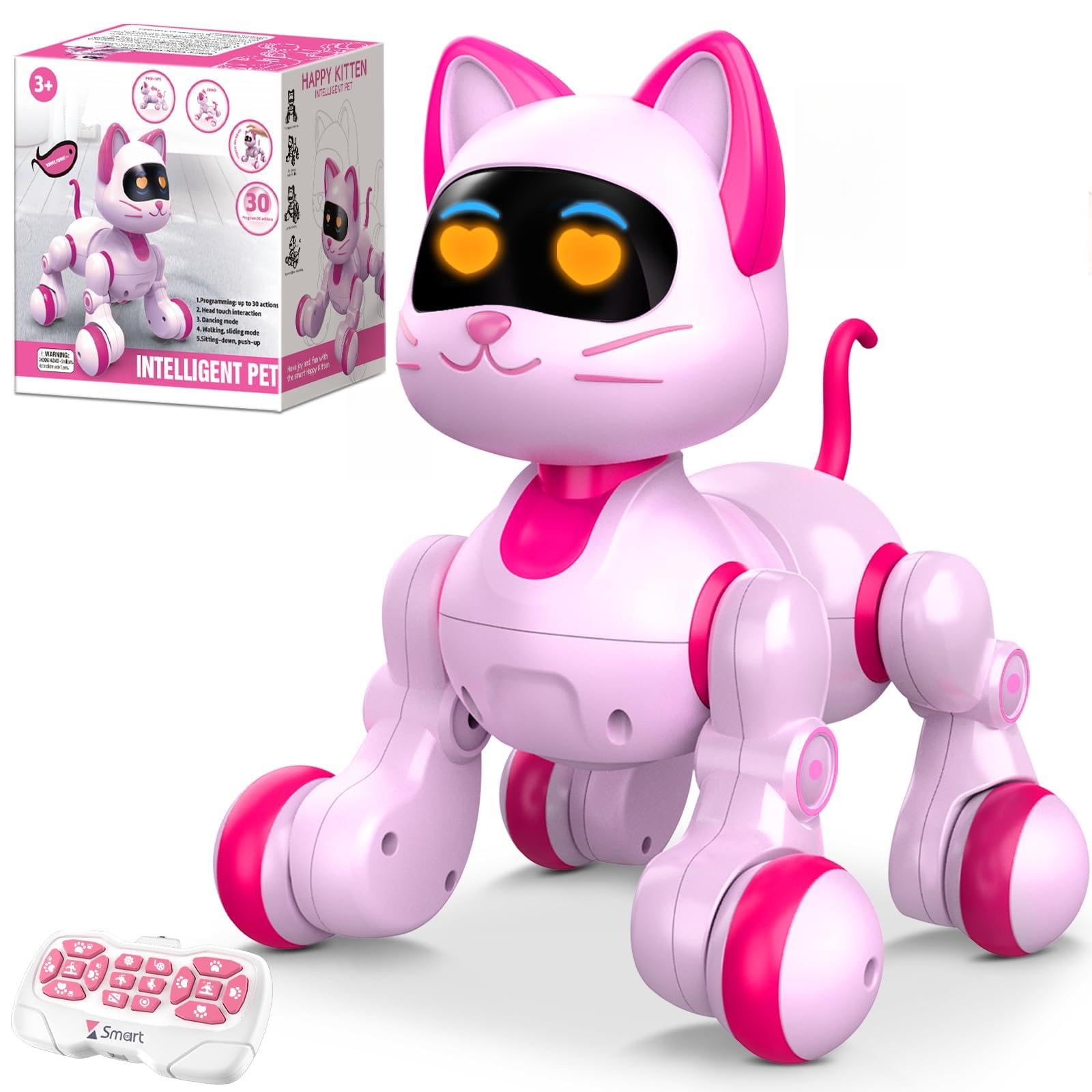 Robot Cat Interactive Toys for Girls: Remote Control Electronic Pink Kitty Pets - Robotic Can Dancing Touch Programmable Mechanical Cat for Kids Age 4-9 Christmas/Birthday Surprise Gifts