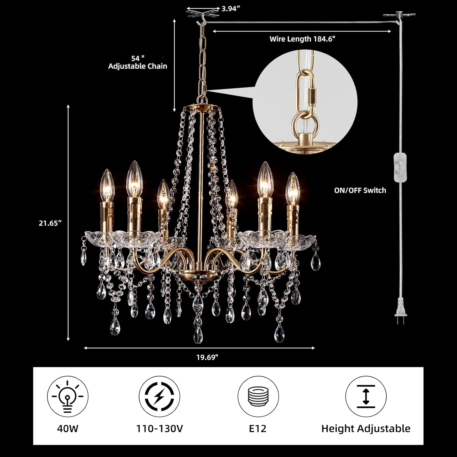 Crystal Plug in Chandelier Lighting with Long Cord, 6 Lights Gold French Country Plug in Pendant Light Modern Hanging Chandeliers for Dining Room Kitchen Bedroom Living Room