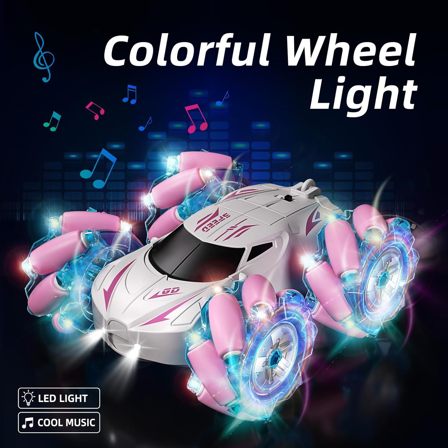 Jovow RC Stunt Car, 2.4GHz 4WD Gesture Sensing Remote Control Car with Cool Light and Music, Double-Sided 360° Flips RC Cars for Boys Age 6-12 8-12 Birthday Christmas Toy Cars(Pink)