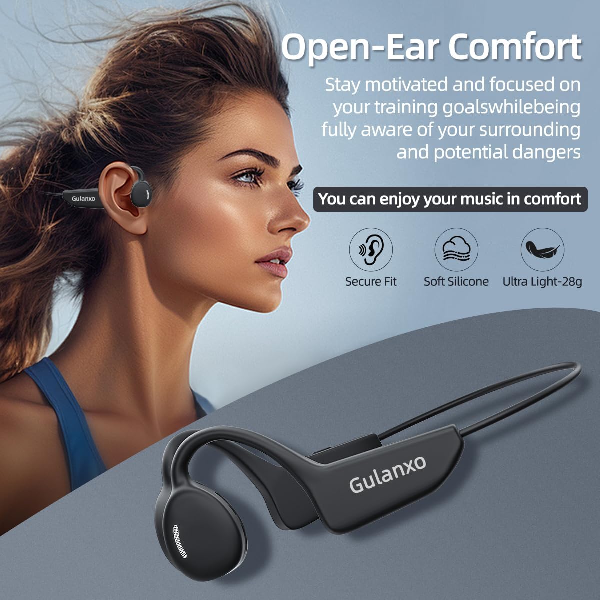 Open Ear Headphones, Open Wireless Earphones, 10HBluetooth Playback 5.3 Sports Earphones, Built-in Microphone, Suitable for Sports Running,Exercise (Deep Black)