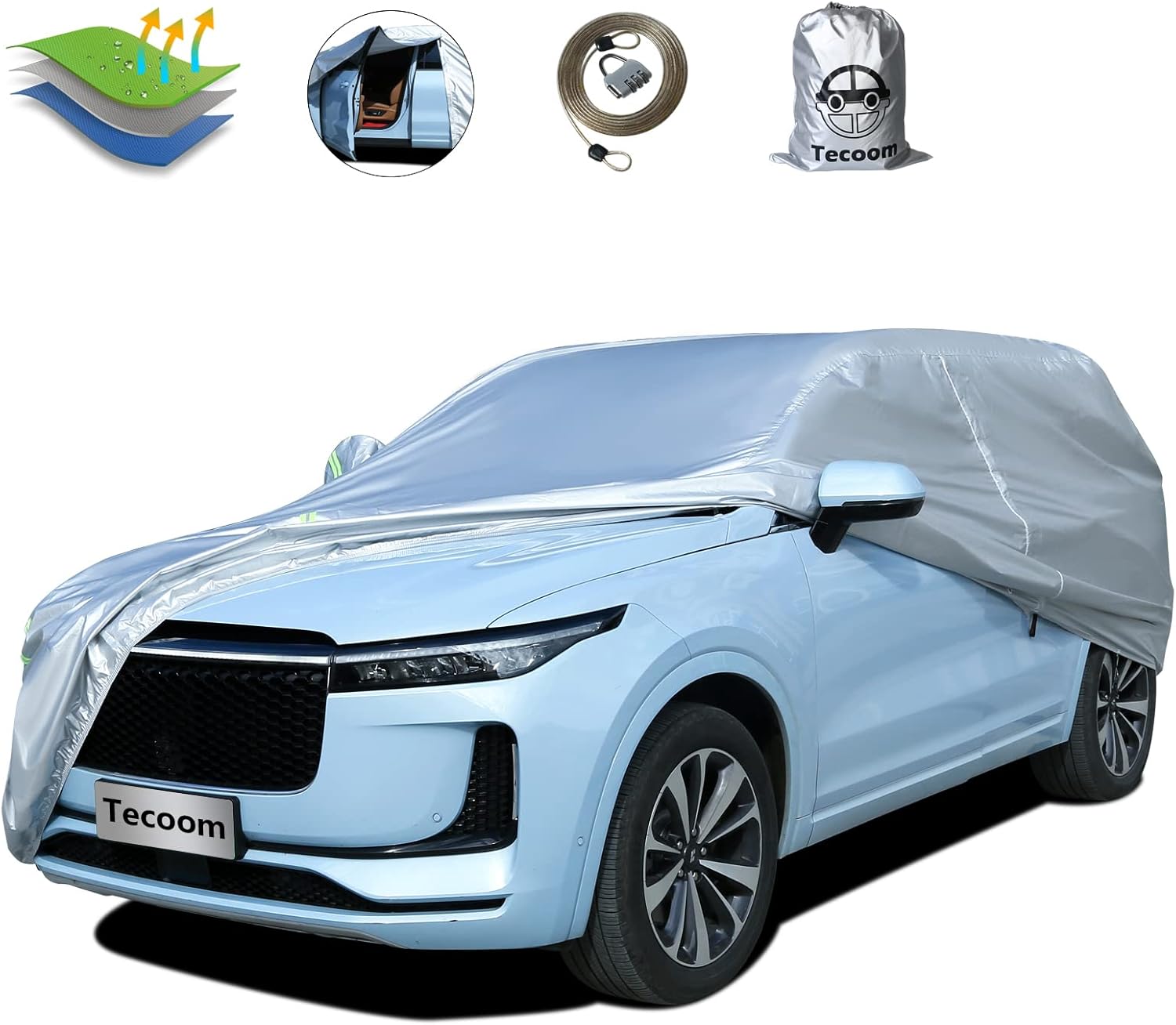 Tecoom Light Shell Breathable Material Classic Zipper Design Waterproof UV-Proof Windproof Car Cover for All Weather Indoor Outdoor Fit 170-190 inches SUV