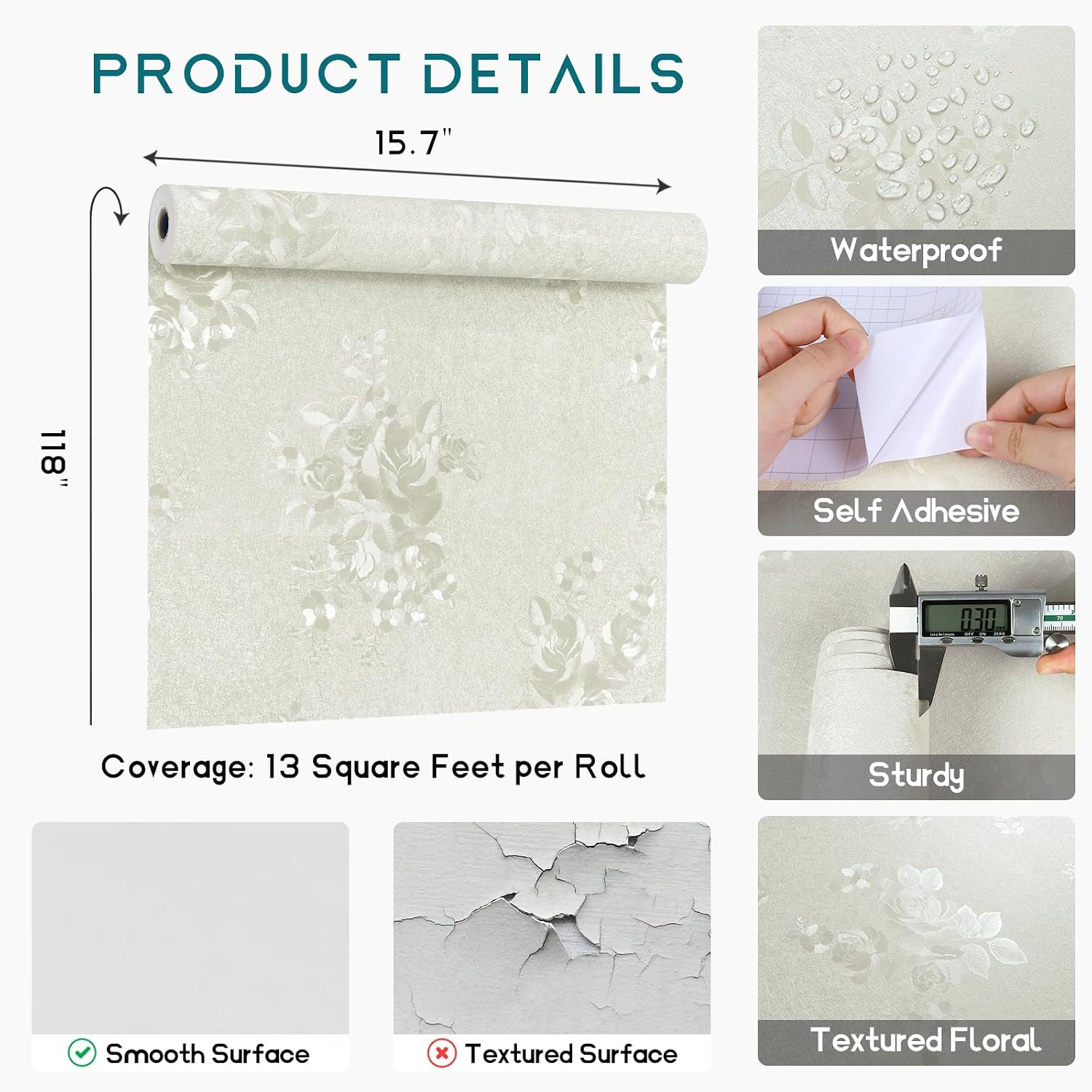 VEELIKE Beige Textured Wallpaper with Flowers Stick and Peel Vintage Beige Contact Paper for Cabinets Drawers 15.7''x118'' Removable Waterproof Anaglypta Wallpaper Peel and Stick for Bedroom Bathroom