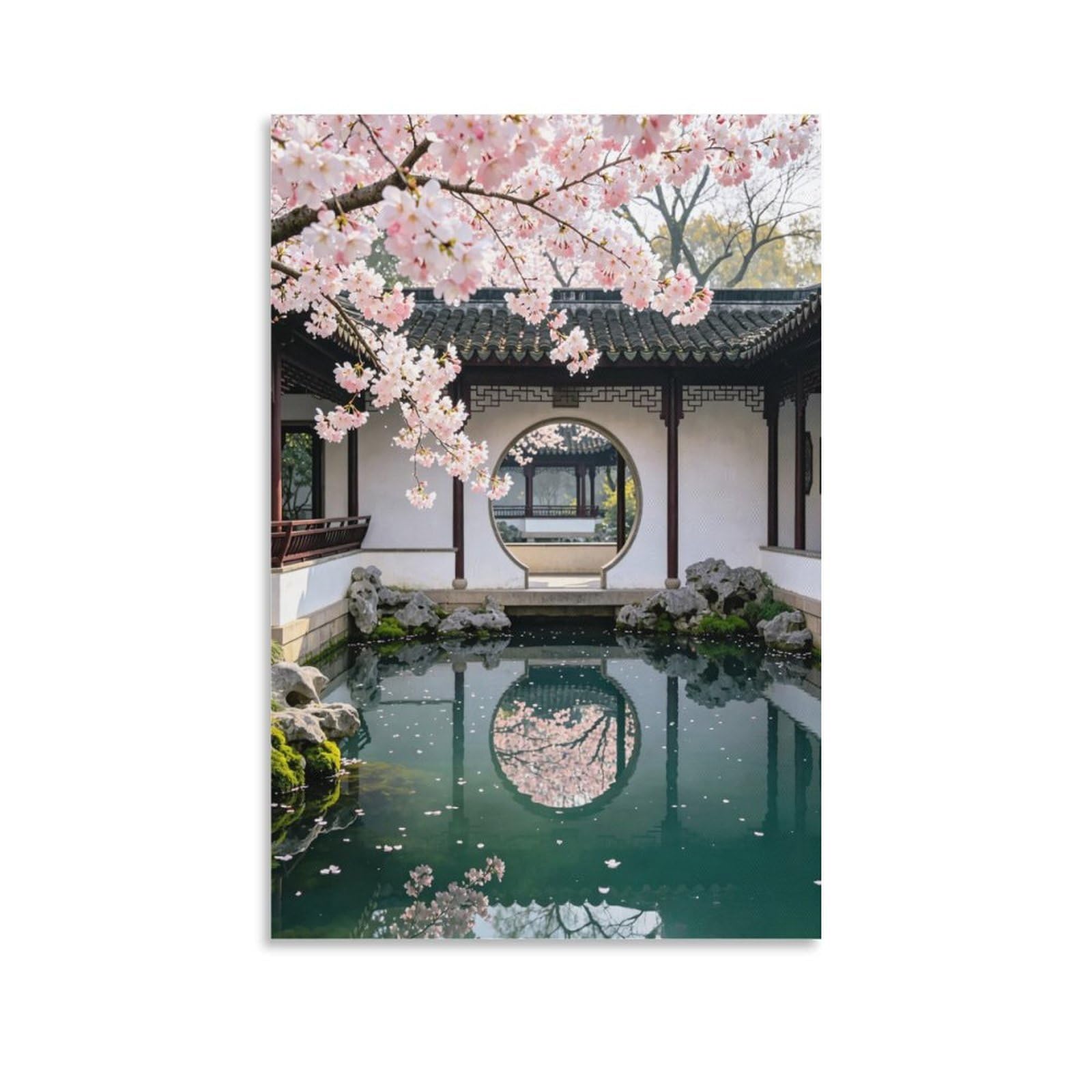 IEJKLUVWX Chinese Cherry Courtyard Wall Pictures Blossom Pond Reflection Fade-Resistant Moisture Resistant Durable for Bathroom Sofa Background Home Decor Lover Original 20x30inch(50x75cm)