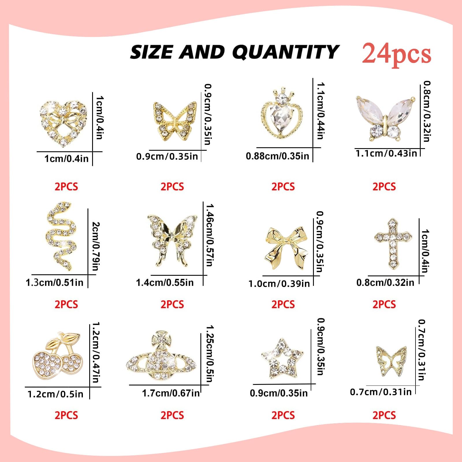24 PCS Charms a Ongles, Breloques pour Ongles, Alliage Y2k, Coeurs Papillons Noeuds Cerises et Strass pour Deco Ongle Nail Art Bijoux Brillants Decorations Manucure DIY Accessoires
