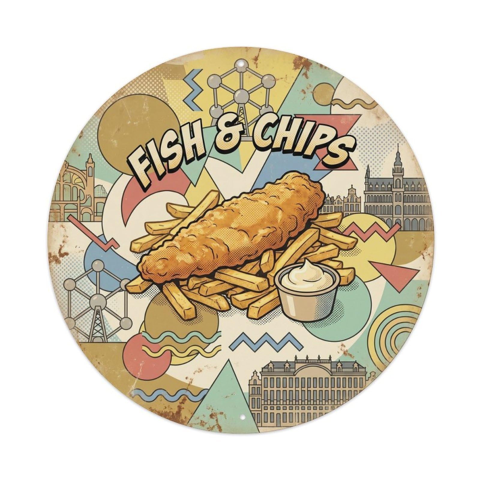 Belgian Travel Seafood Chips Crispy Fillet Bold Pop Metal Tin Sign