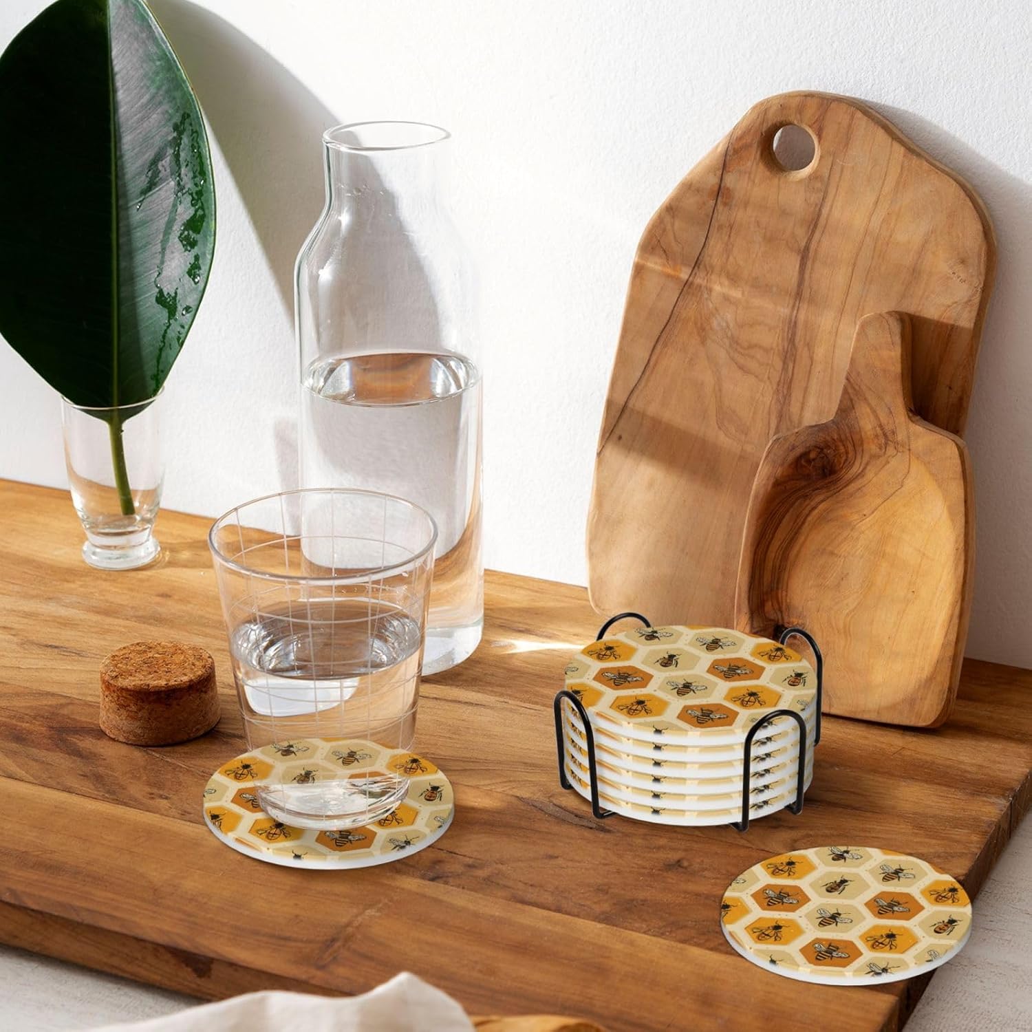 (Honeycomb) Ceramic Coasters Set of 6 with Holder Non-Slip Round Coffee Coasters for for Cup Mug Drink Patio Coffee Table Decor, Christmas Coasters Home Bar Supplies
