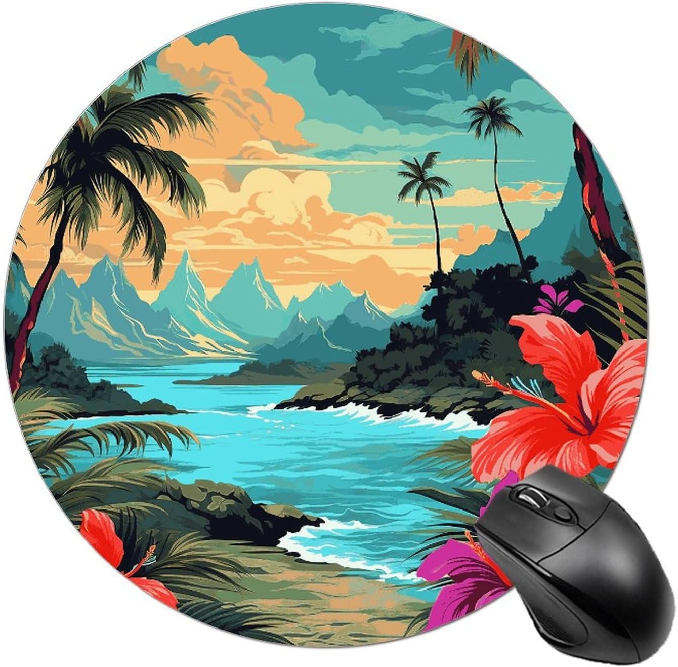 Hello Hawaii Round Mousepad Funny Small MouseMat with Non-Slip Rubber Base and Stitched Edge Gaming Mousepad for Home Office Dorm Desk Decor Accessories for Home Office Work 7.8x7.8 Inches