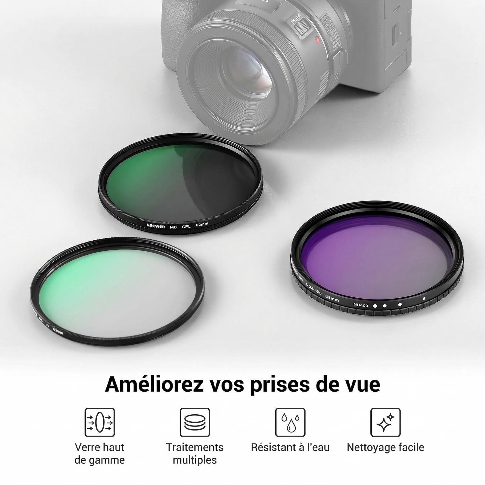 NEEWER 62mm ND + CPL+UV Kit de filtres Variable(3 Pack),Filtre polarisant Circulaire Multicouche à densité Neutre (ND2-400), kit d'accessoires de Photographie avec étui Transport&Capuchons d'objectif