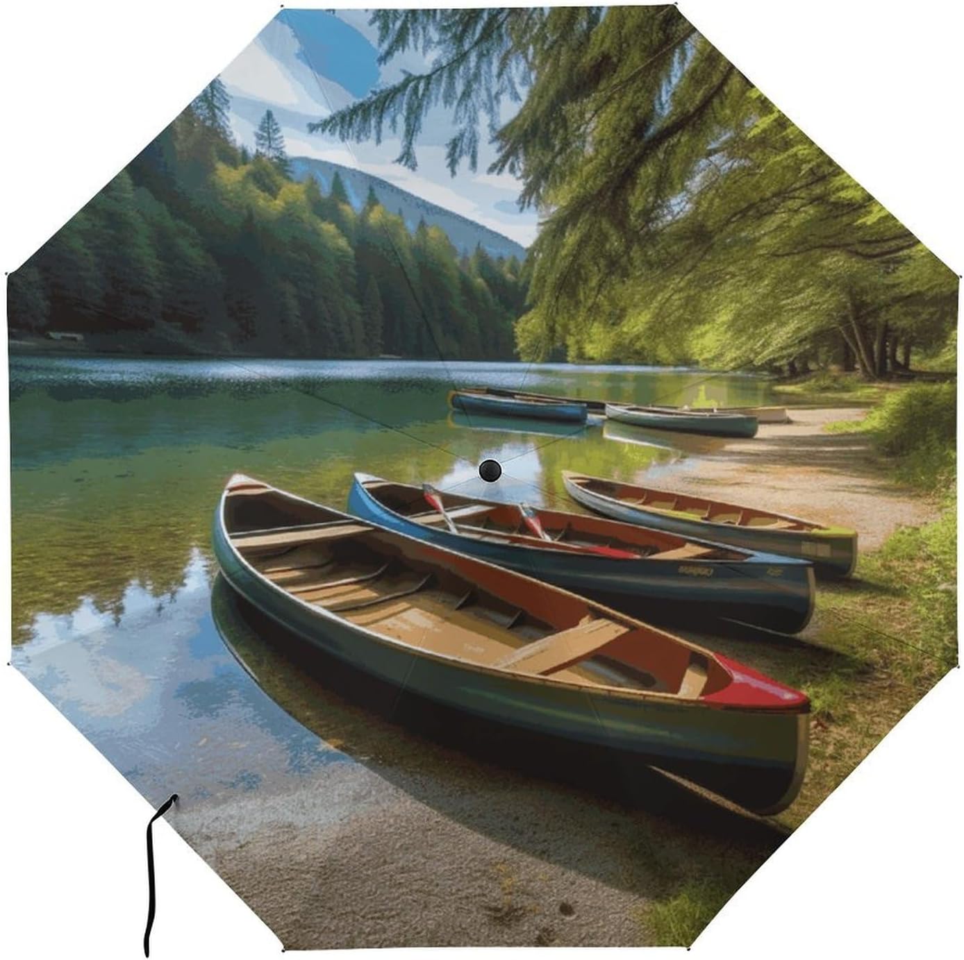 Lake with Boats Canoes Park Automatic Golf Umbrella Folding Umbrella | Windproof Travel Umbrella Portable Compact Umbrella with Storage Pouch for Golf Backpack Men Women