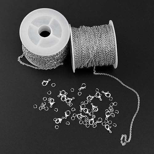 Miniatura 6 de WXJ13 Cadena de eslabones de acero inoxidable plateado de 36 pies con 20 cierres de langosta y 30 anillos de salto para hombres y mujeres cadena de