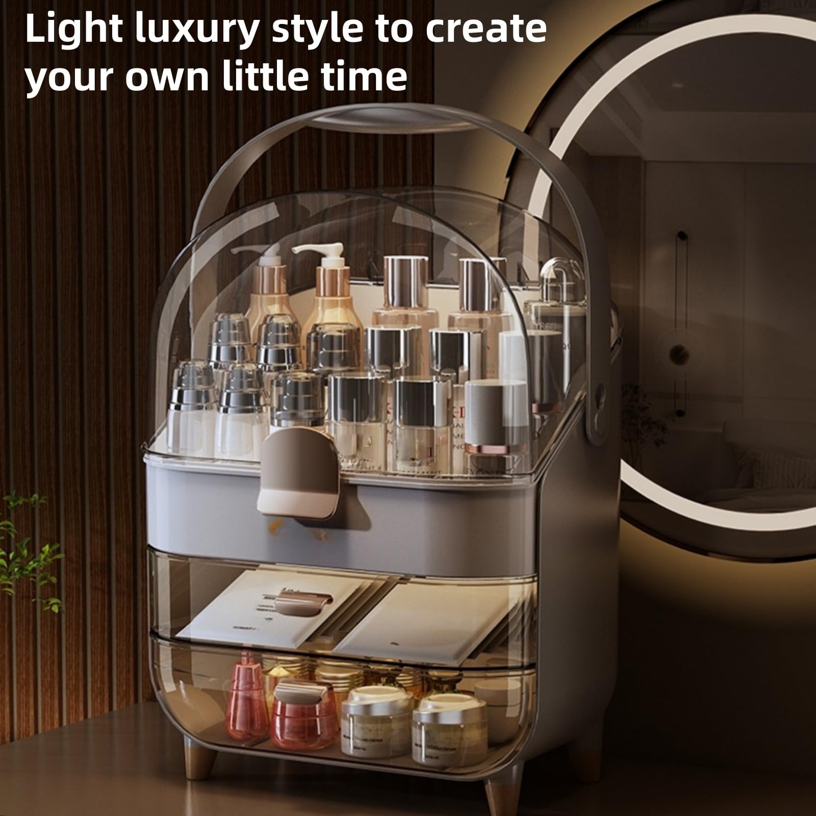 Organizador de maquillaje, organizadores para el cuidado de la piel con tapa transparente y 2 cajones y soporte giratorio de 360° para brochas