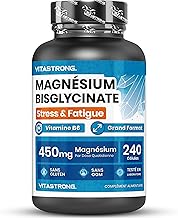 Magnesium Bisglycinate 450mg per Dose + Vitamin B6, High Absorption, 240 Capsules, Stress, Fatigue and Sleep, Laxative Free, GMP & HACCP Certified, Made in Europe, Vitastrong