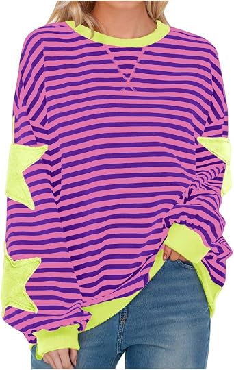 Free People Oversized Sweatshirt for Women Striped Star Pullover Tops Drop Shoulder Long Sleeve Sweatshirts Y2k Tops Loose Fit Casual Blouses Pullovers Baggy Lightweight Tops Spring Fall Blouse