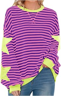 Sudadera de gran tamaño a rayas para mujer, cuello redondo, casual, manga larga, holgada, de moda, bloque de color, Y2k, camiseta preppy, estampado de estrellas, talla grande, S-3XL