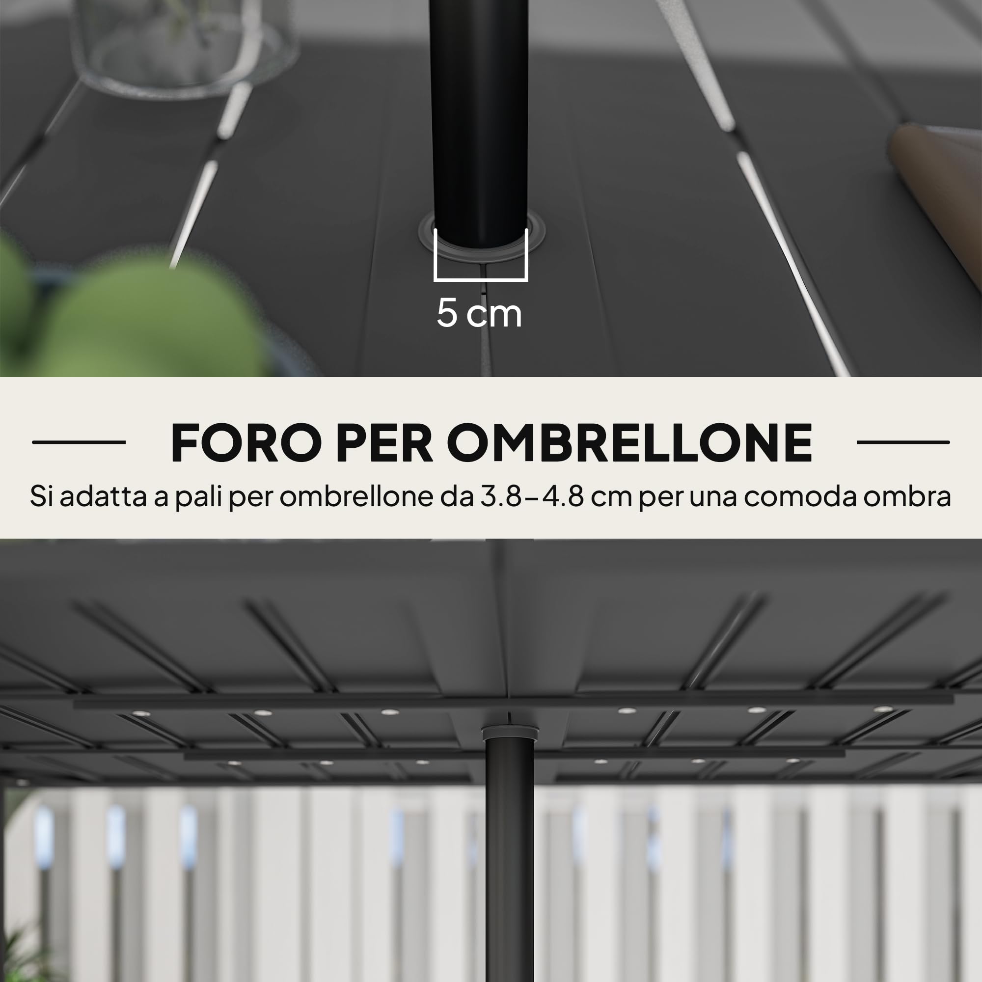 Outsunny Tavolo da Giardino Rettangolare 150x90x73 cm, Tavola da Pranzo per 6 Persone con Design a Doghe e Foro per Ombrellone in Acciaio, Per Patio, Terrazzo, Balcone ed Esterno, Nero