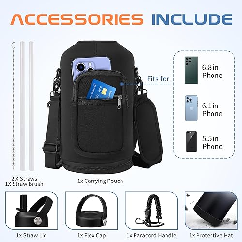 Miniatura 4 de RRYFOUR Botella de agua de 1 galón aislada, jarra de agua de metal con mango de paracaídas, popote y tapa flexible, funda para botella de agua de