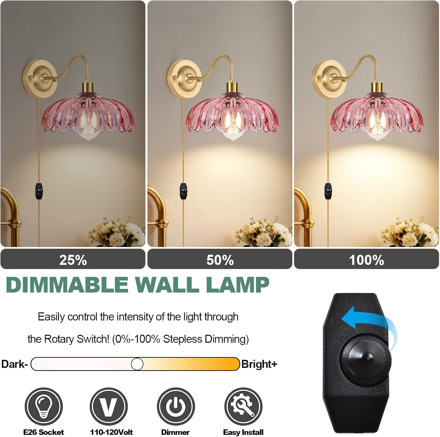 Vintage Plug in Wall Sconces Set of Two, Glass Wall Sconces Lamps with Flower Lampshade & Dimmable Plug in Cord, Dimmable Sconces Wall Decor Set of 2 Plug in Wall Lights Sconces for Bedroom