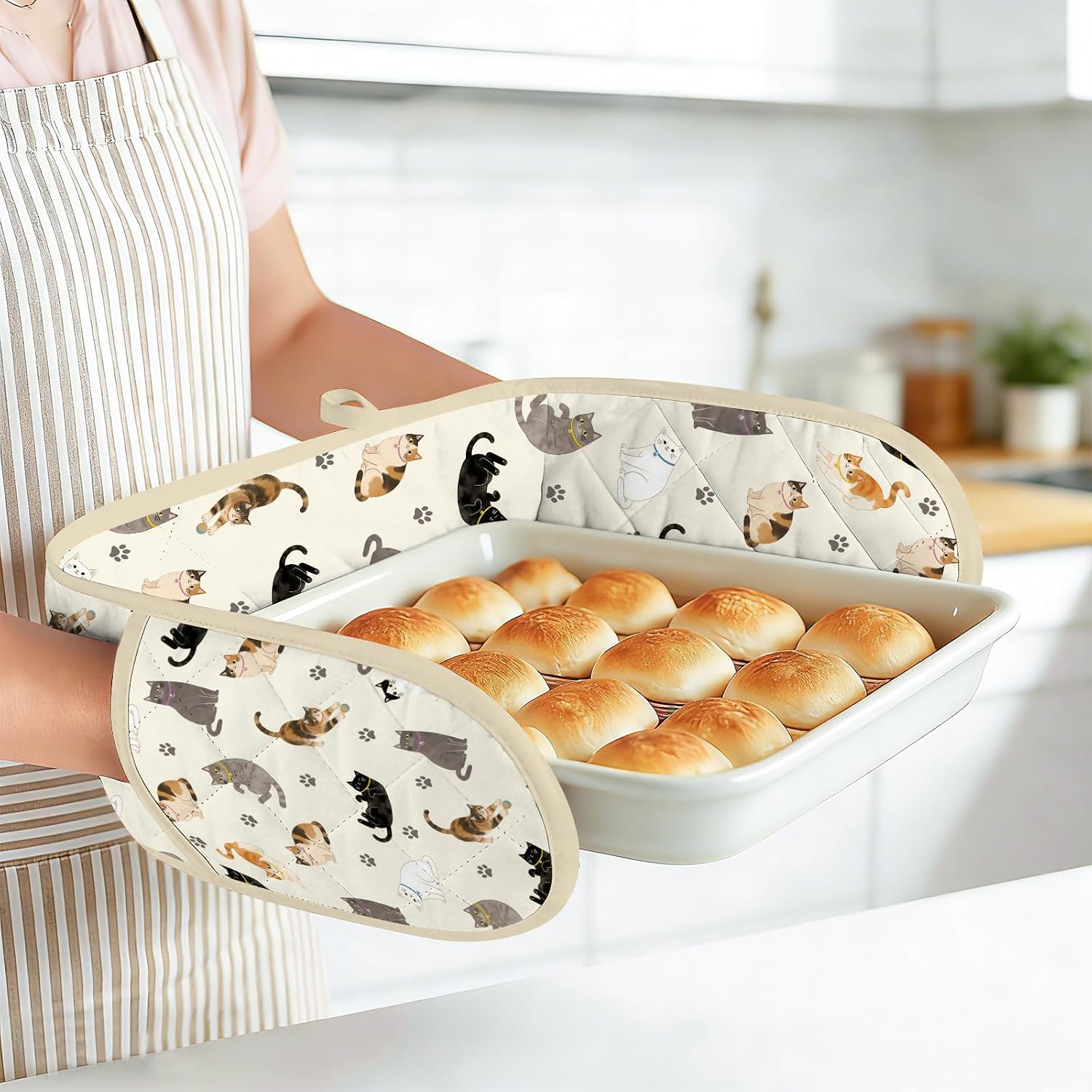 Funny Cat Double Oven Mitts - Heat Resistant with Cotton Lining & Hanging Ropes, Extra Long Oven Mitts Cute for Baking, BBQ, Kitchen Gadgets| Christmas Birthday Gift for Cat Lovers, Mom