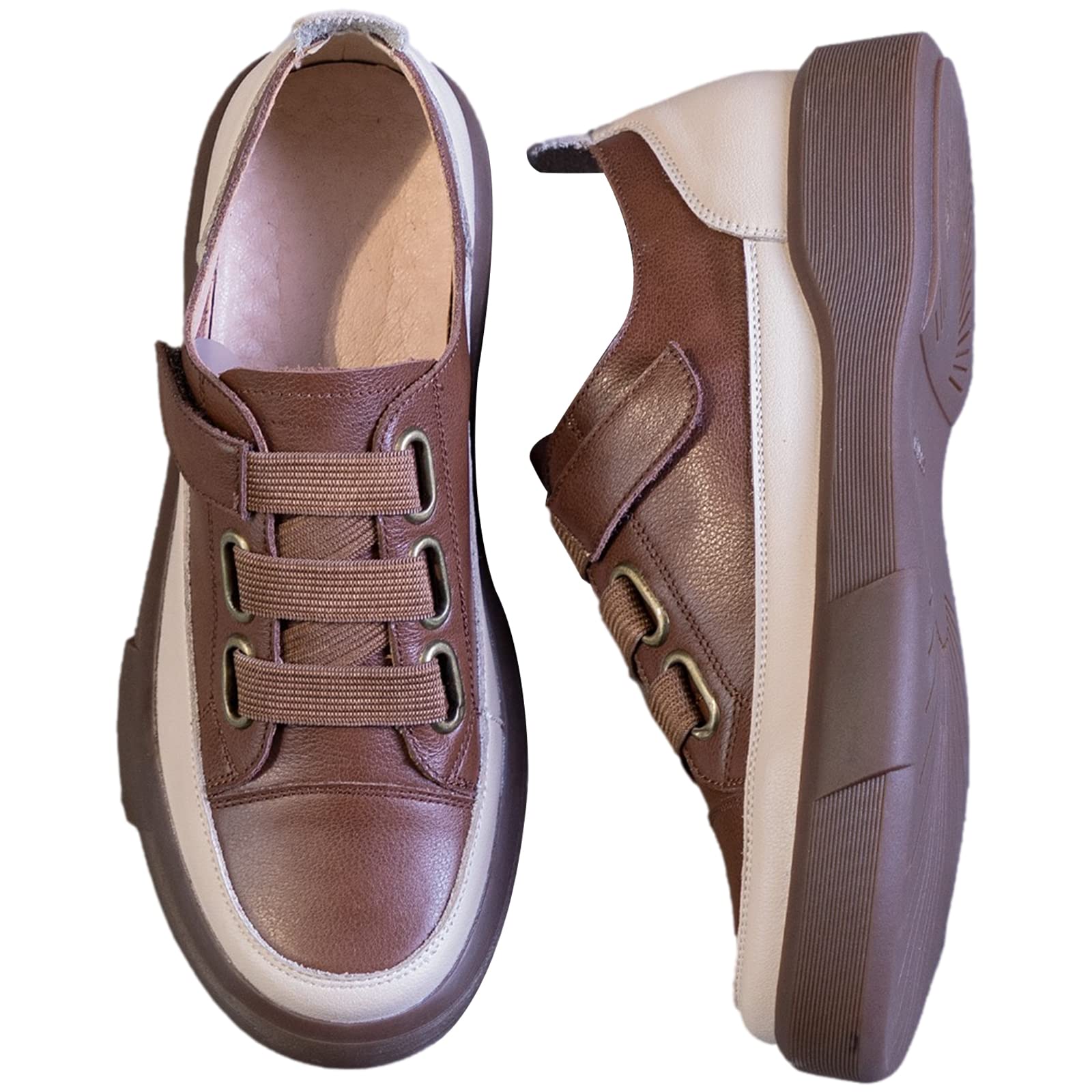 Damen Retro Stil Low Top Sneaker aus Echtem Leder Weicher Sohle Loafer Schuhe mit Klettverschluss