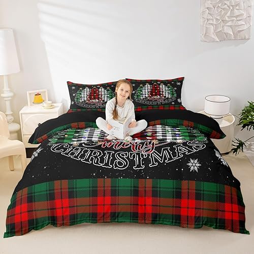 Juego de funda de edredón para niños de Feliz Navidad, tamaño King, juego de ropa de cama con estampado a cuadros rojos, negros y verdes, 3 piezas,