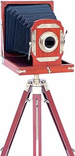 Antique Style Retro Vintage Look Wooden Film Camera Modern Adjustable Brown Tripod Stand Royal Designer Old Movie Prop Rustic Folding Camera Corner House Decorative Collection Item