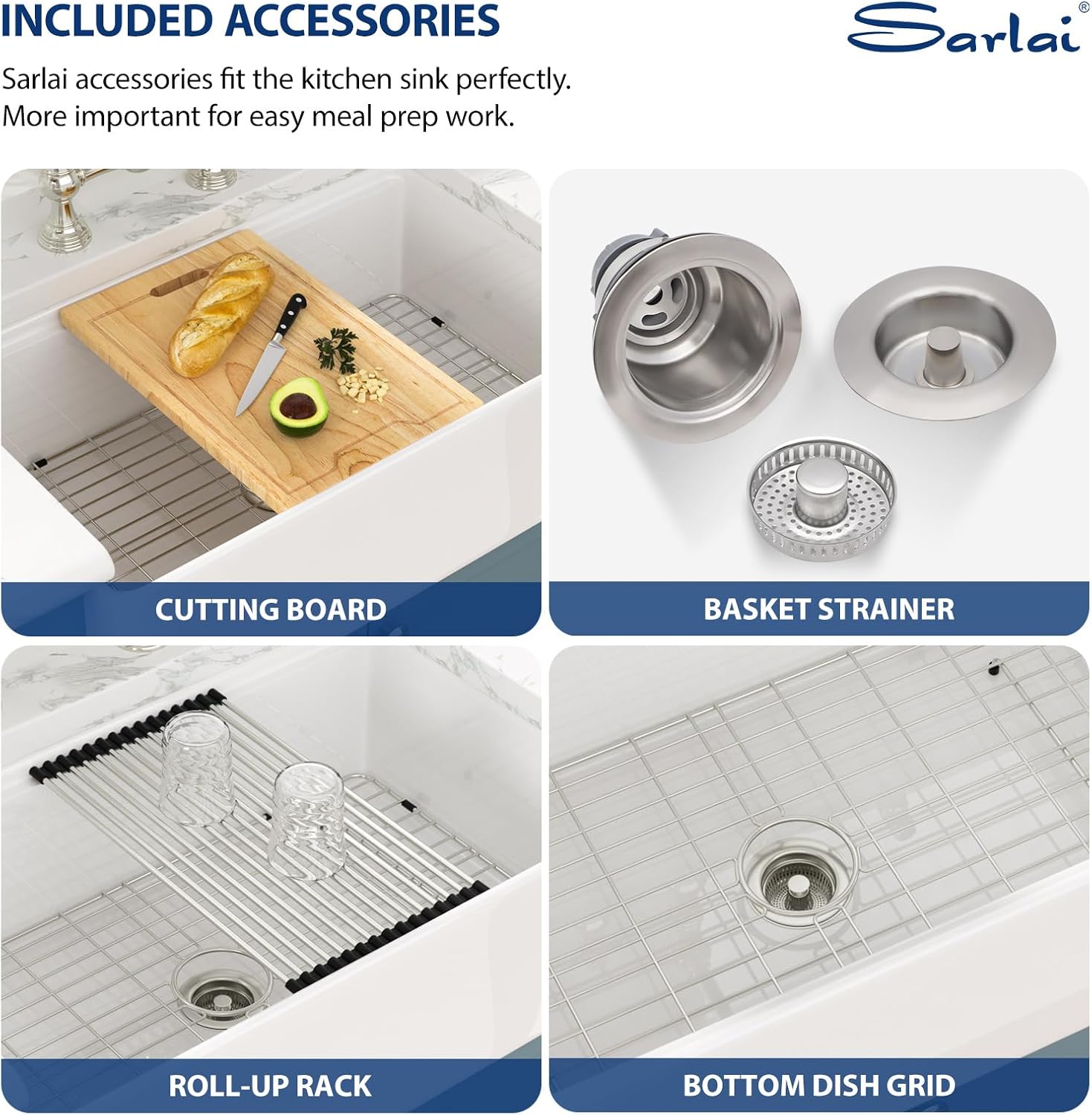 Sarlai 33 White Farmhouse Kitchen Sink - 33x20 Inch Farm Kitchen Sink Ledge Workstation White Ceramic Porcelain Fireclay Farmer Sinks 10" Inch Deep Single Bowl Basin with Assesory Kit