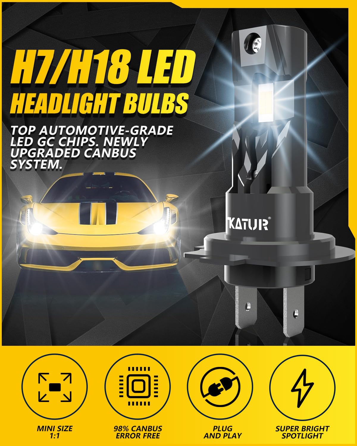 KATUR H7 LED Lampadine Fari per Auto, Canbus 18000LM 6000K Bianco Senza Fili Plug & Play Lampadina LED H7 Abbaglianti o Anabbaglianti 1:1 Mini Dimensioni, 2pcs