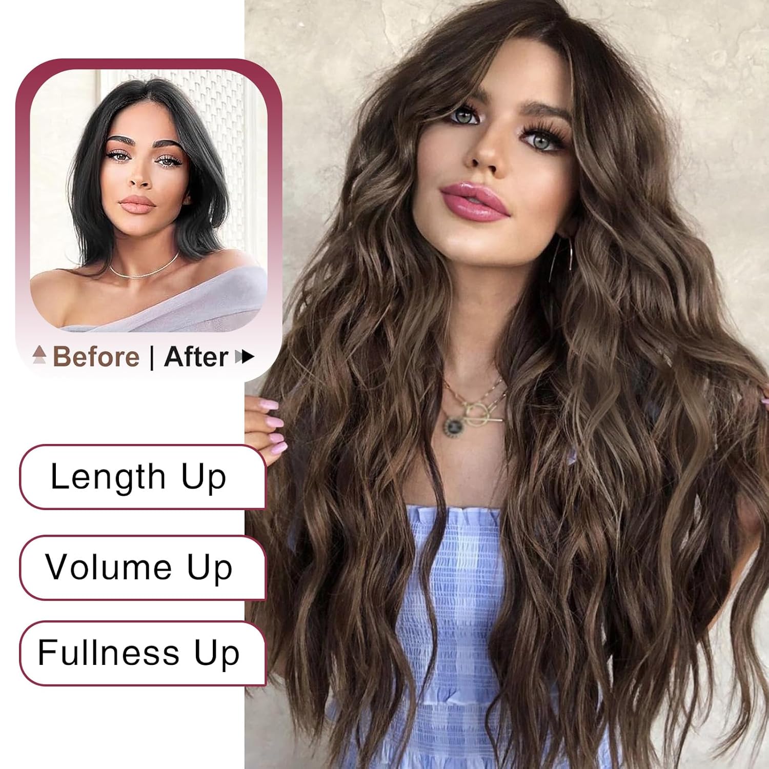 LEOSA Dark Brown Wig,26 Inch Long Wavy Chocolate Brown Layered Wig with Curtain Bangs for Women Synthetic Natural Looking Middle Part Hair Wig for Daily Party,Dark Brown - Image 3