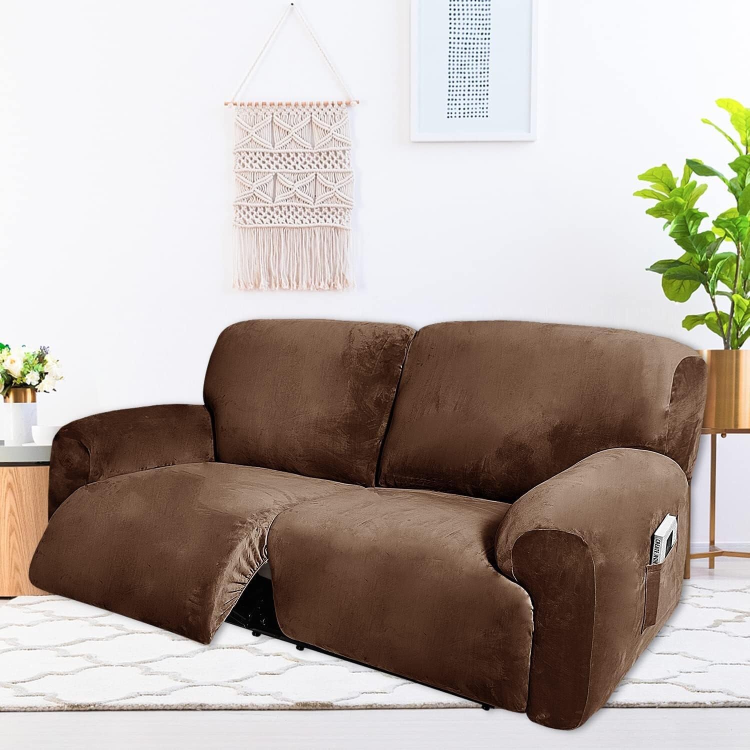 Extra Large Velvet Stretch Recliner Cover, 6 Pieces 2 Seater Recliner Cover Soft Recliner Cover for Living Room Pets(Chameau)