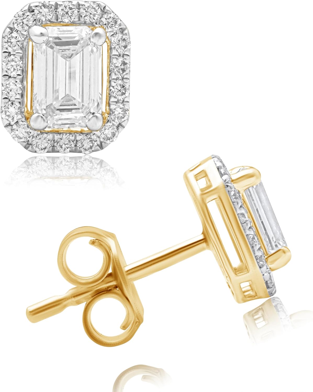 Dewberry 925 Silver Push Back Stud Earrings | 0.75 Carat VS/FG Lab Grown Emerald Cut IGI Certified Diamond Stud Earrings 14K White & Yellow Gold Plated Hypoallergenic Halo Earrings For Women
