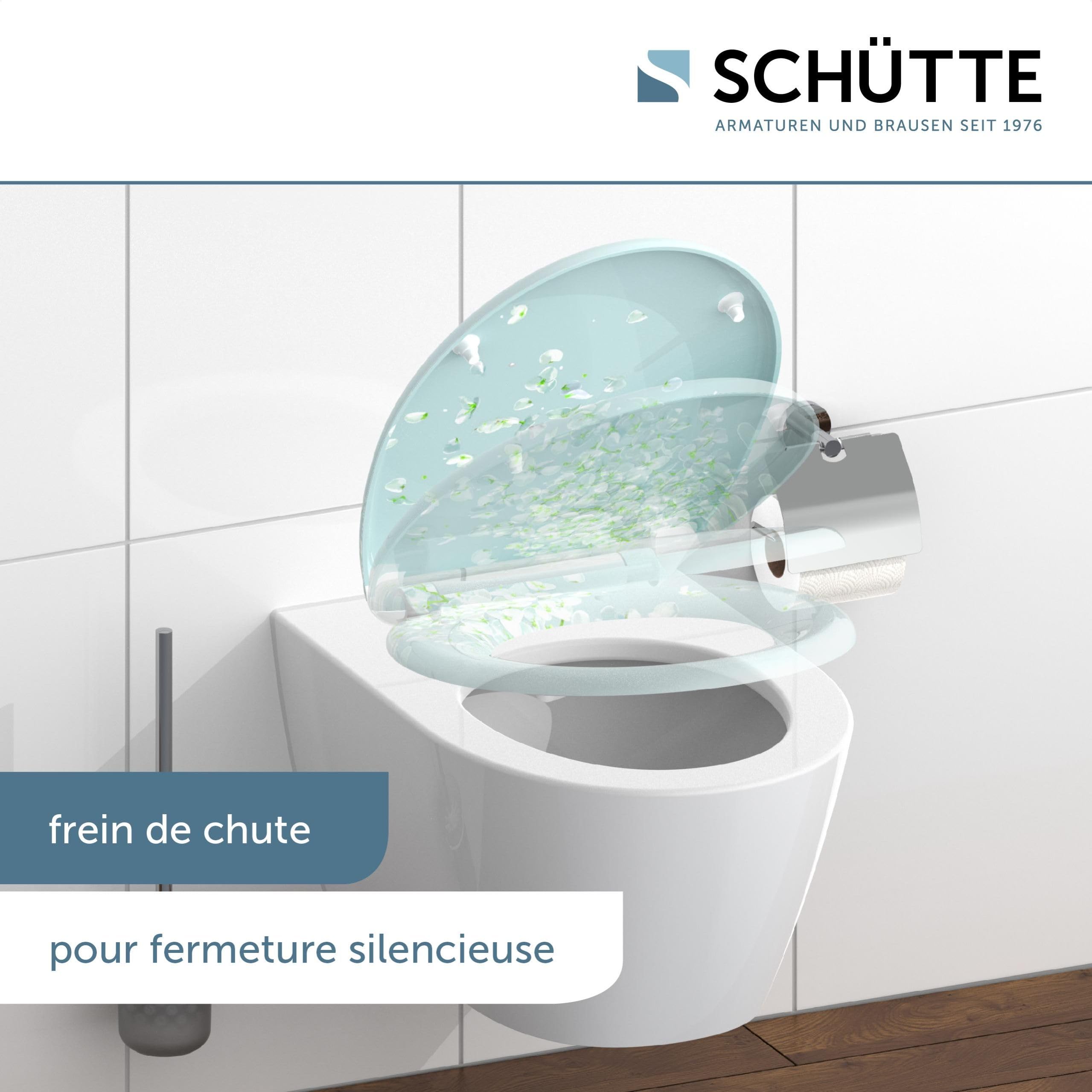 Schütte Abattant WC avec Frein de Chute Déclipsable - Flower in the Wind | Duroplast résistant aux rayures, lunette WC frein de chute silencieux, compatible cuvette WC suspendue et sur pieds