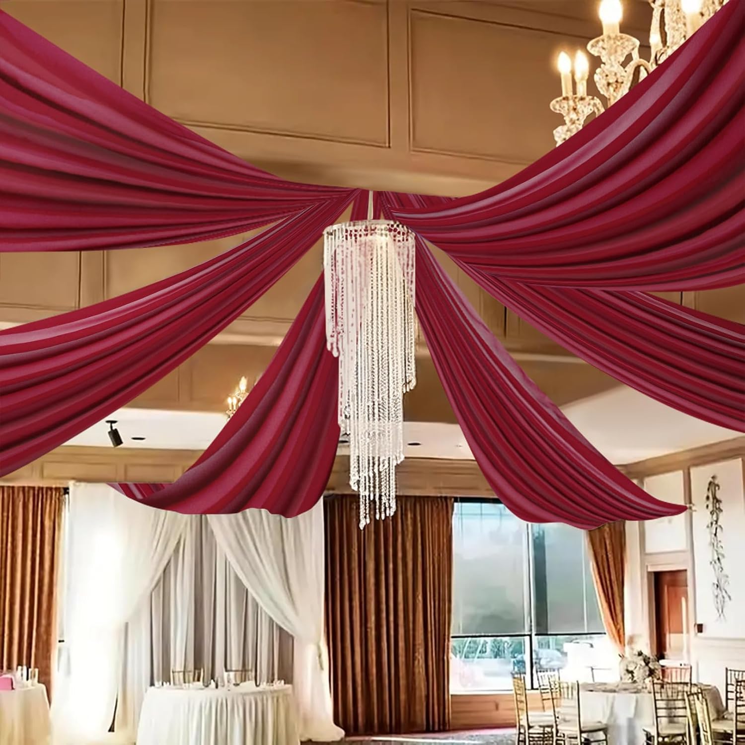 DUOBAO Burgundy 5x20ft Chiffon Ceiling Drapes 6pc Elegant Sheer Wedding Backdrop Curtains Ideal for Tent, Banquet Hall, and Photography