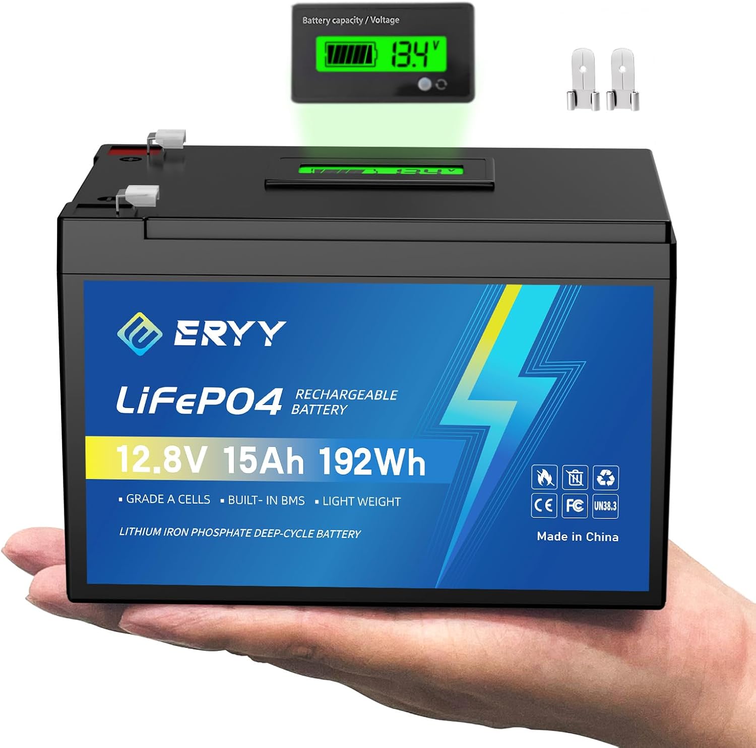 Product image of Upgraded LiFePO4 Lithium Battery 12V 15Ah - Built-in 15A BMS & LCD Voltage Meter & Grade A Cells,4000+ Deep Cycles Lithium Battery Lightweight Rechargeable Batteries for Camping Light,Fish Finder