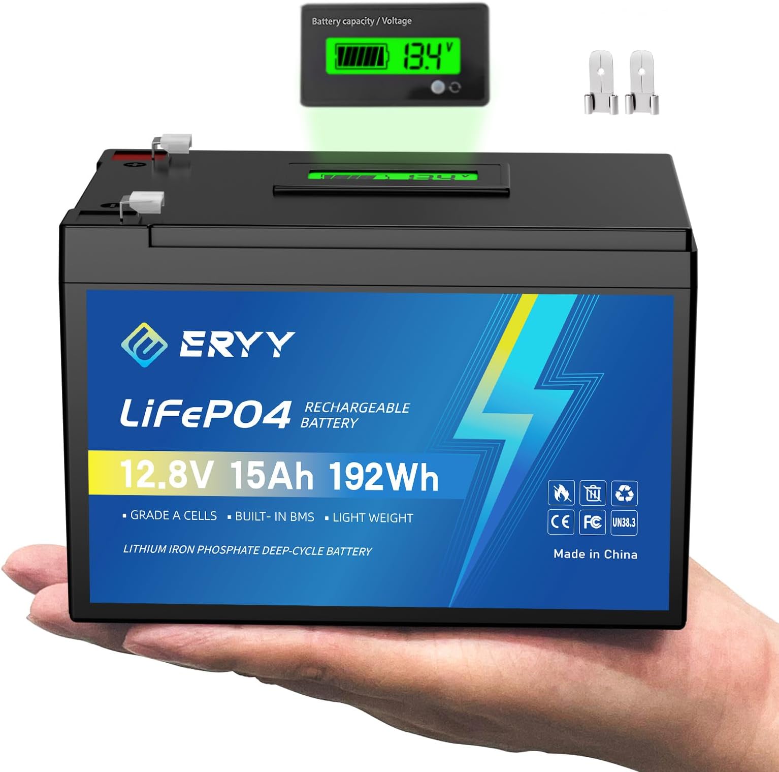 12V 15Ah LiFePO4 Lithium Battery with BMS & LCD Voltmeter, Grade A Cells, 4000+ Cycles, Lightweight Rechargeable Deep Cycle Battery for Fish Finder, Camping Light, Solar System, Ham Radio