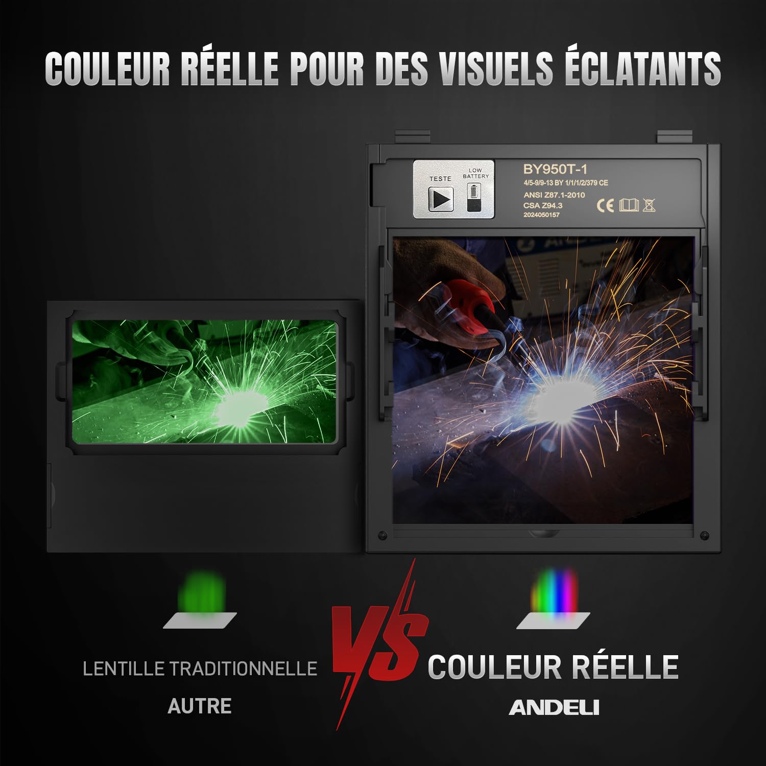 ANDELI Casque soudage panoramique 180°, Grande Zone 3,94" x3,74, True Color, Solaire, Auto-assombrissant, Vision latérale, 4 capteurs, Teintes 4/5-8/9-13, Moner