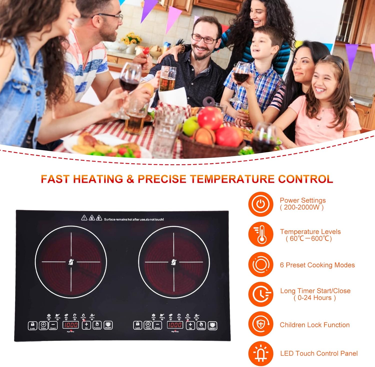 24 inch 2 Burners Electric Cooktop 110V Ceramic Electric Stove with 2 Cooktops 2200W Ajustable portable Electric Cooktop for Cooking(2 Burner Countertop)