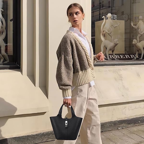 Tote Bag for Women Vegan Leather Bucket Purse for Women Top Handle Handbag Shoulder Bag with Detachable Small Purse - 3