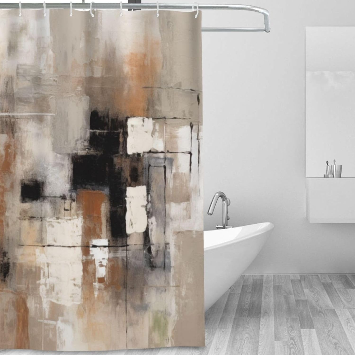 Oil Painting Abstract Shower Curtain for Bathroom, Brown Black Grey White Reflection Boho Shower Curtain Set, Brush Strokes Fabric Modern Waterproof Bathroom Decor with 12 Hooks 72x72in M