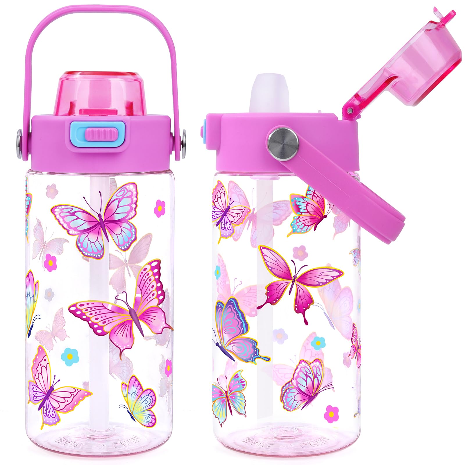 Queenshin Butterfly Water Bottle with Straw for School 20oz Leak Proof Cup