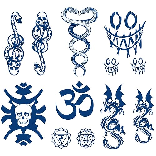 Tatuajes temporales semipermanentes de Halloween, 6 hojas, 2 semanas, tatuajes falsos de serpiente, 100% tinta a base de plantas, calcomanías de