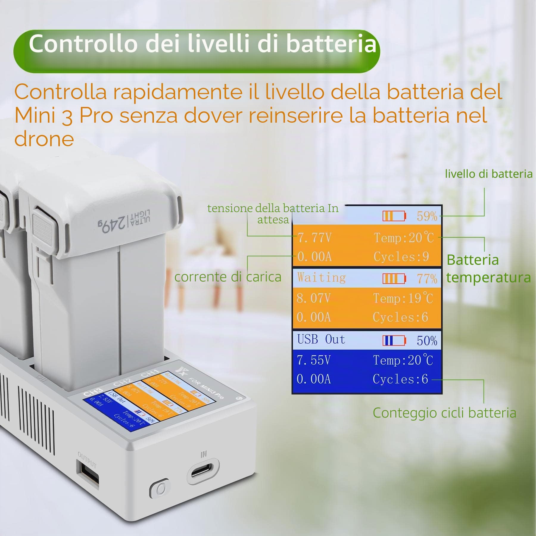Caricabatteria per DJI Mini 5 4/3 Pro,Mini 3 Drone, Caricatore con Display LCD, Stazione di Ricarica Carica Batteria Accessori