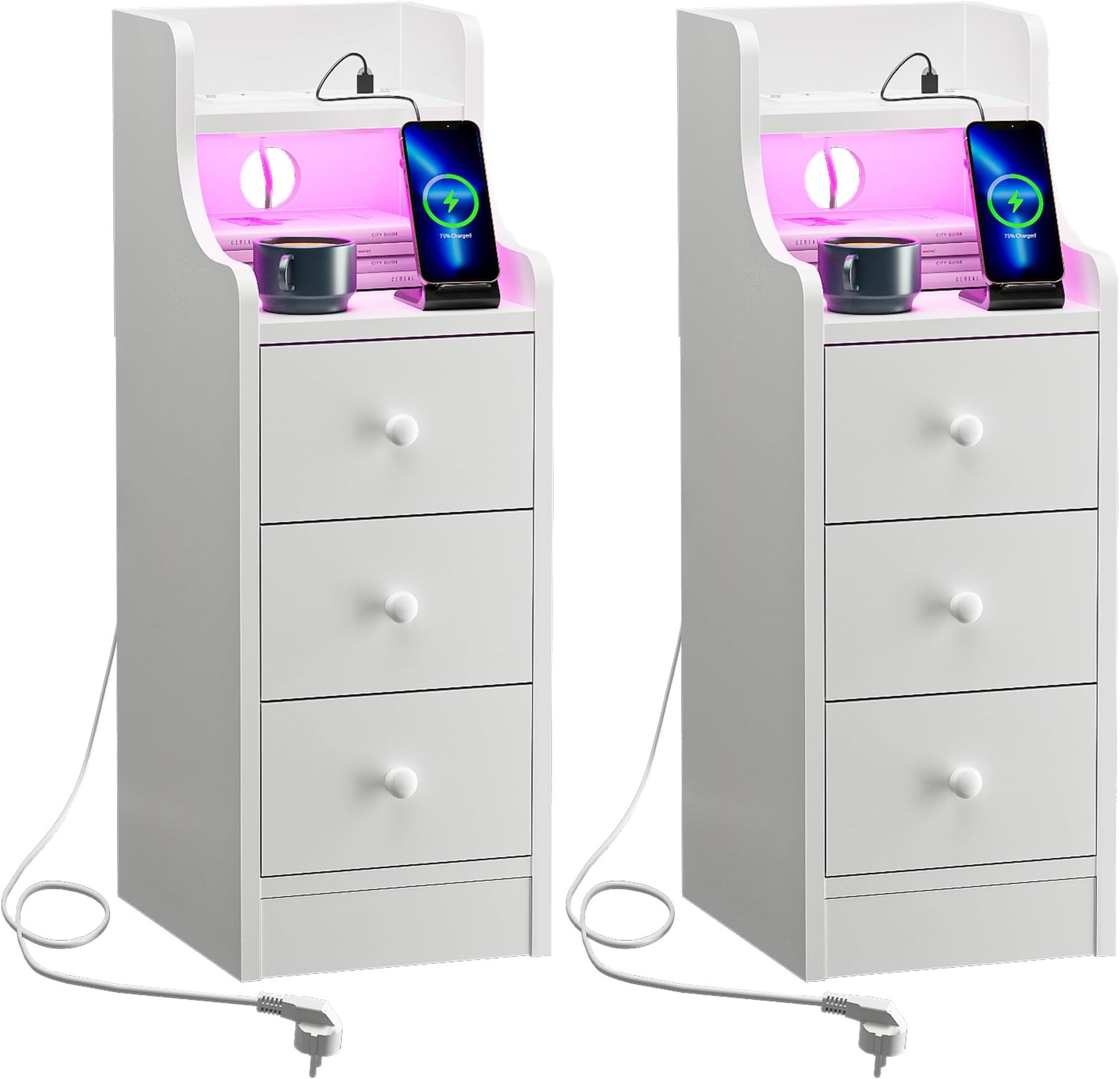 – Slim Bedside Table Narrow Nightstand with Charging Station, 2 AC 2 USB Sofa Side End Table with 3 Drawers and Bluetooth RGB LED Strip Light, Bedroom Living Room, 2Pcs Modern White Width 25cm