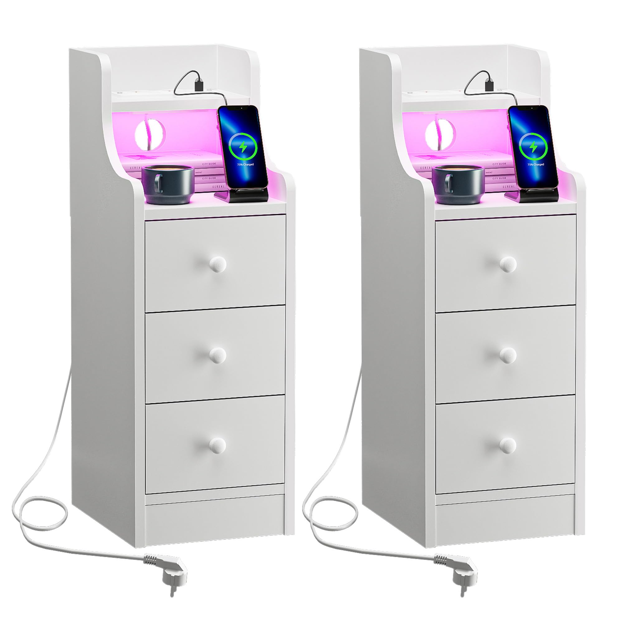 – Slim Bedside Table Narrow Nightstand with Charging Station, 2 AC 2 USB Sofa Side End Table with 3 Drawers and Bluetooth RGB LED Strip Light, Bedroom Living Room, 2Pcs Modern White Width 25cm