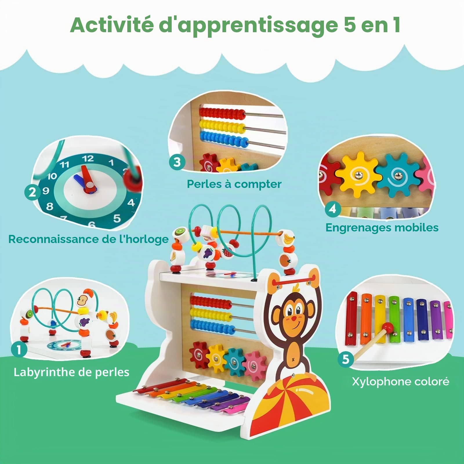 Cube d’Activités en Bois 5-en-1, Labyrinthe de Perles, Engrenanges, Horloge, Montessori bébé Jouet Cadeau pour Enfants de 3 Ans+