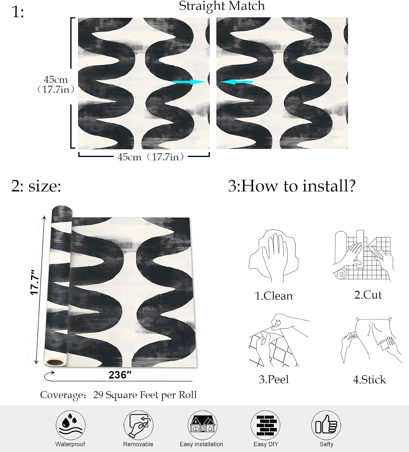 Mid-Century Modern Peel and Stick Wallpaper, Abstract Black and White Geometric Wallpaper for Home Decor – 17.7" x 236"