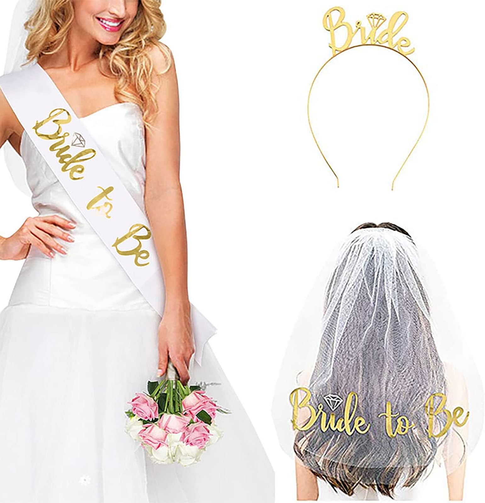 Bride to Be Set, 3pack Bride to Be Sash & Headband Tiara & Shoulder Length Veil Bachelorette Party Supplies Bridal Shower Decoration Accessories(Gold)
